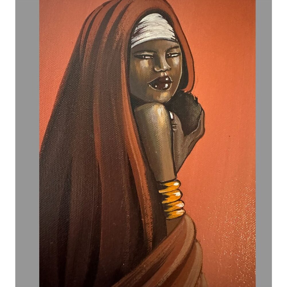 Dungill African Lady Portrait Lithograph On Canvas Framed Signed Artwork Brown &